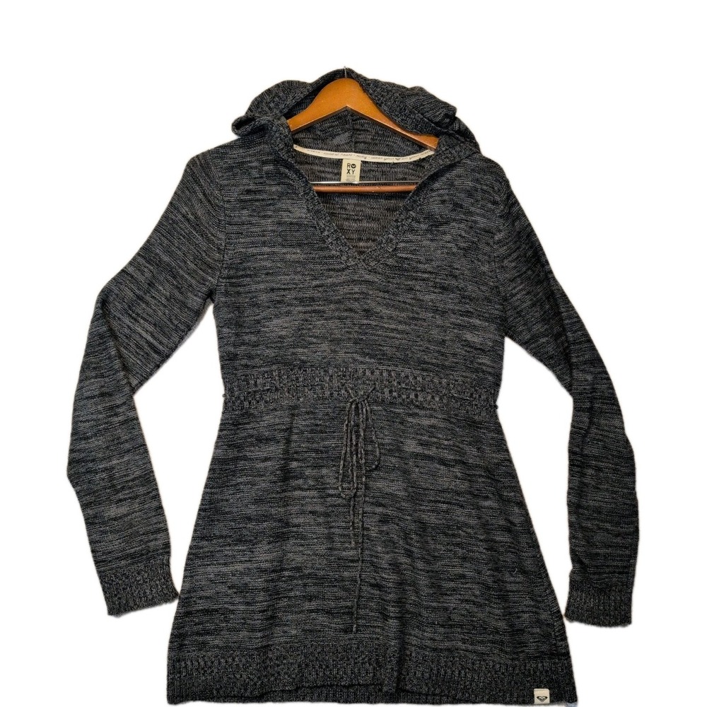 Roxy Womens Marled Knit Hoodie Sweater Gray Empire Waist Drawstring Sz M